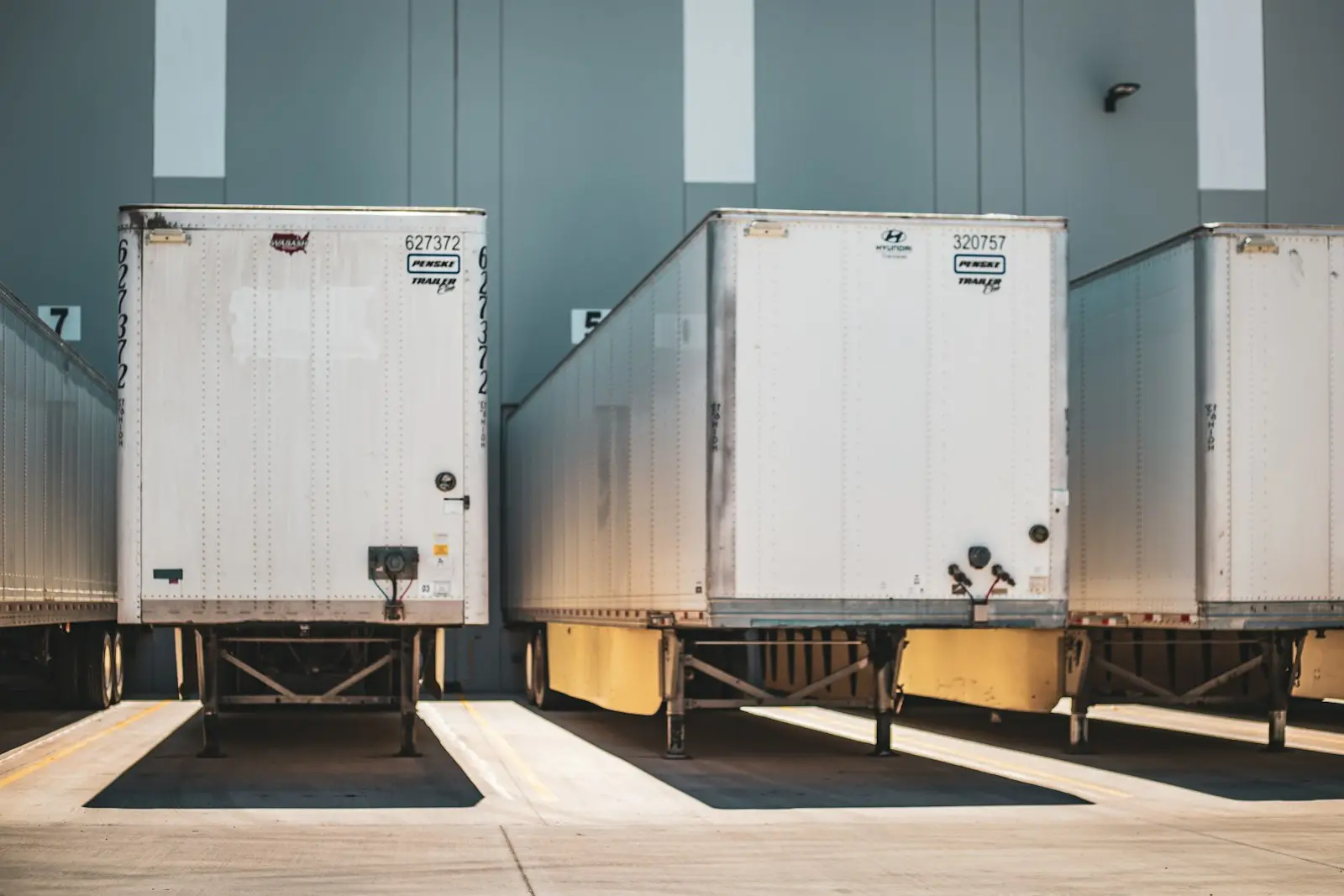 Trailers backed into warehouse dock doors